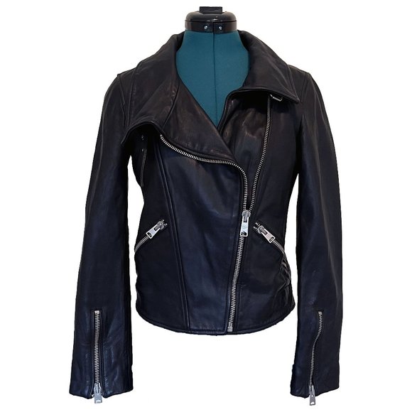 All Saints Lewin Leather Biker Jacket in Black, Size US 4 Small - Picture 3 of 16